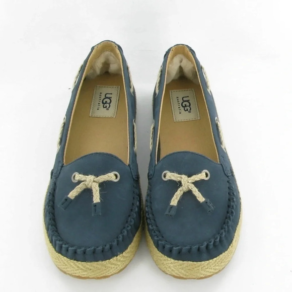 UGG  Chivon Leather Moccasin Navy Slip Ons Women Size 9 - Picture 1 of 14